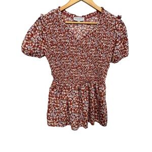Hayden Women's Size Small Rusted Orange White Floral Short Sleeve Blouse